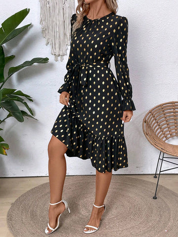 Women's Spring Summer Polka Dot A-Line Dress With Foil Print & Flared Sleeves