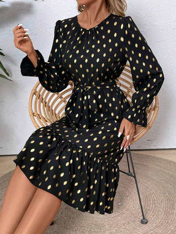 Women's Spring Summer Polka Dot A-Line Dress With Foil Print & Flared Sleeves