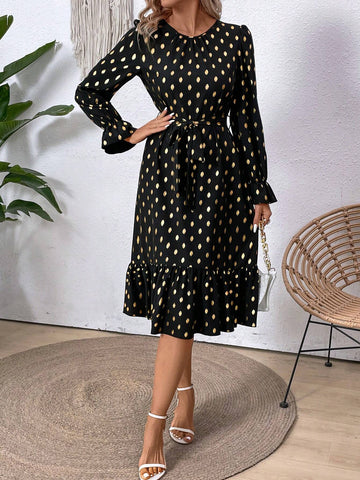 Women's Spring Summer Polka Dot A-Line Dress With Foil Print & Flared Sleeves