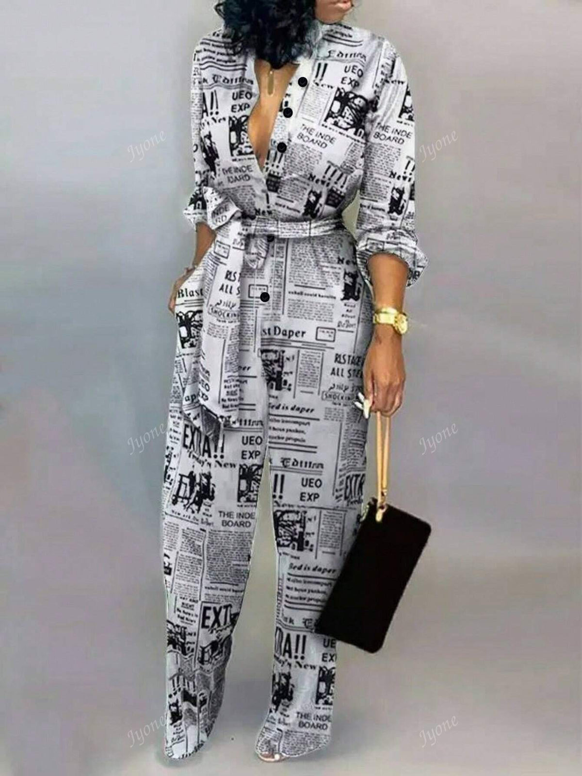 Women's Spring Summer Slogan Print Long Sleeve Pocketed Casual Jumpsuit