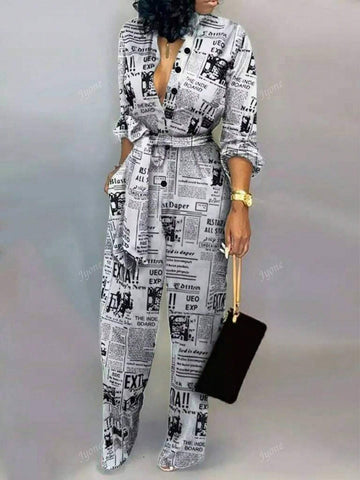 Women's Spring Summer Slogan Print Long Sleeve Pocketed Casual Jumpsuit
