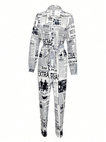 Women's Spring Summer Slogan Print Long Sleeve Pocketed Casual Jumpsuit