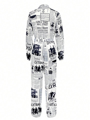 Women's Spring Summer Slogan Print Long Sleeve Pocketed Casual Jumpsuit