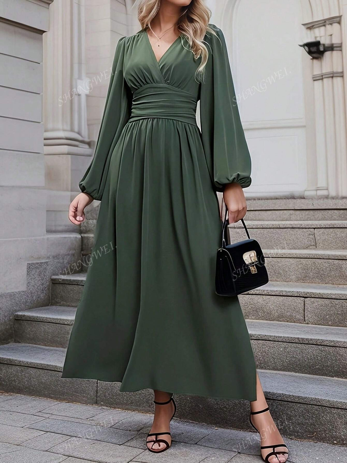 Women's Spring Summer V-Neck Puff Sleeve Pleated Dress