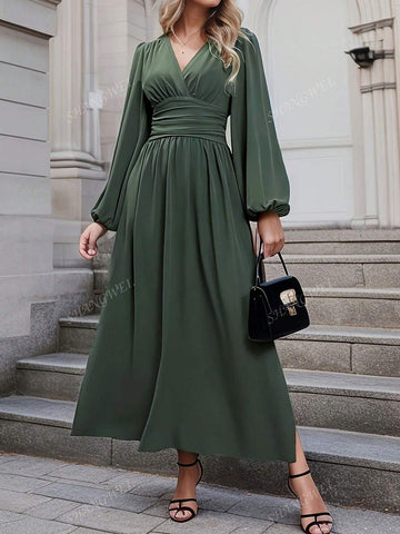 Women's Spring Summer V-Neck Puff Sleeve Pleated Dress