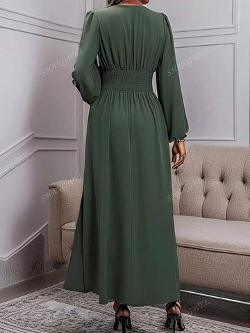 Women's Spring Summer V-Neck Puff Sleeve Pleated Dress