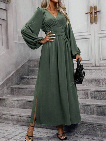 Women's Spring Summer V-Neck Puff Sleeve Pleated Dress