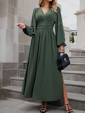 Women's Spring Summer V-Neck Puff Sleeve Pleated Dress