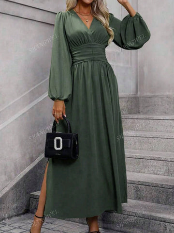 Women's Spring Summer V-Neck Puff Sleeve Pleated Dress