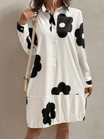 Women's Spring & Autumn Floral Print Long Sleeve Casual Loose Ruffles Hem Shirt Dress