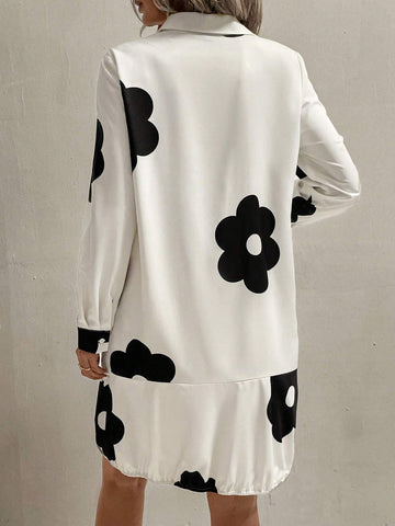 Women's Spring & Autumn Floral Print Long Sleeve Casual Loose Ruffles Hem Shirt Dress