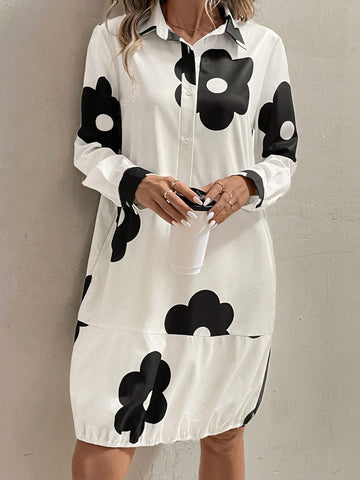 Women's Spring & Autumn Floral Print Long Sleeve Casual Loose Ruffles Hem Shirt Dress
