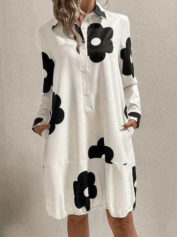 Women's Spring & Autumn Floral Print Long Sleeve Casual Loose Ruffles Hem Shirt Dress