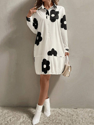 Women's Spring & Autumn Floral Print Long Sleeve Casual Loose Ruffles Hem Shirt Dress