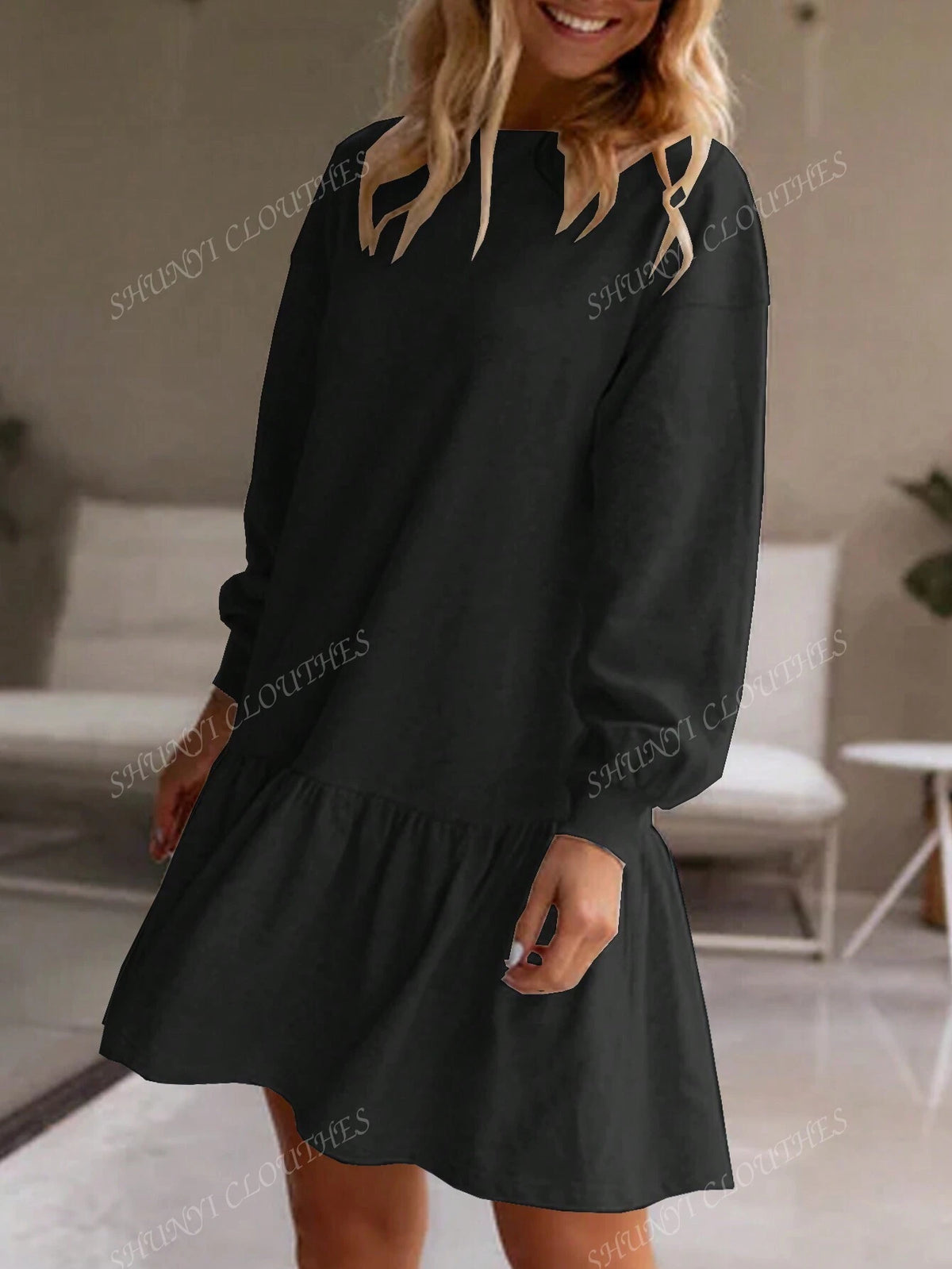 Women's Spring & Autumn Long Sleeve Pullover Sweater, Round Neck Knitted Casual Loose Ruffled Hem Short Dress