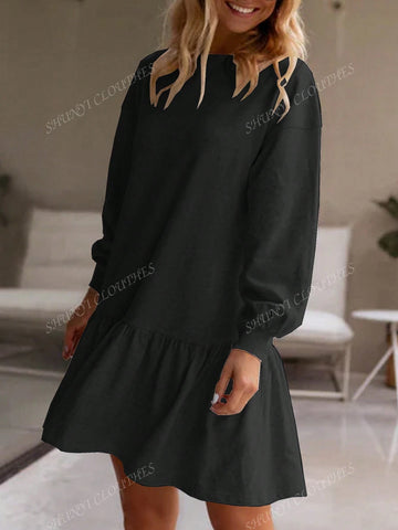 Women's Spring & Autumn Long Sleeve Pullover Sweater, Round Neck Knitted Casual Loose Ruffled Hem Short Dress