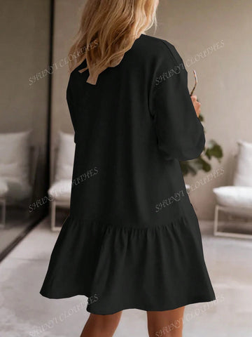 Women's Spring & Autumn Long Sleeve Pullover Sweater, Round Neck Knitted Casual Loose Ruffled Hem Short Dress