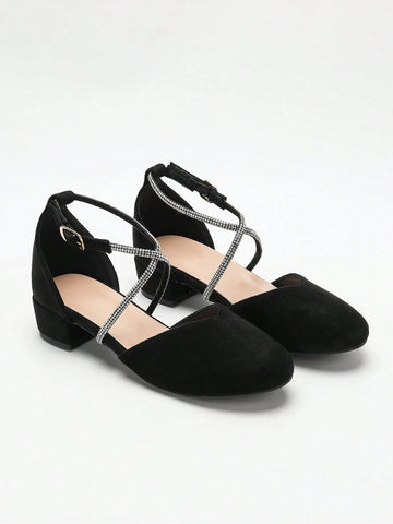 Women's Spring & Autumn New Faux Suede Low Heel Sandals, Fashion Versatile Rhinestone Decor