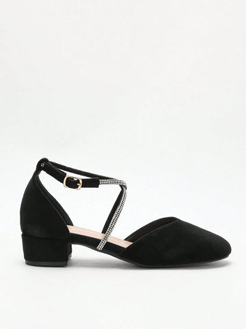 Women's Spring & Autumn New Faux Suede Low Heel Sandals, Fashion Versatile Rhinestone Decor