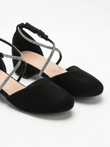 Women's Spring & Autumn New Faux Suede Low Heel Sandals, Fashion Versatile Rhinestone Decor