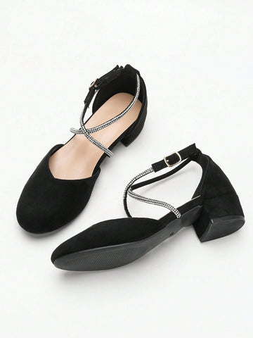 Women's Spring & Autumn New Faux Suede Low Heel Sandals, Fashion Versatile Rhinestone Decor