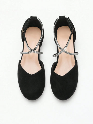 Women's Spring & Autumn New Faux Suede Low Heel Sandals, Fashion Versatile Rhinestone Decor