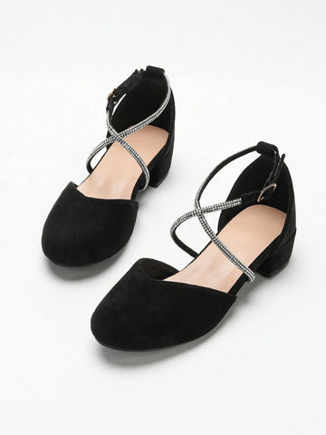 Women's Spring & Autumn New Faux Suede Low Heel Sandals, Fashion Versatile Rhinestone Decor