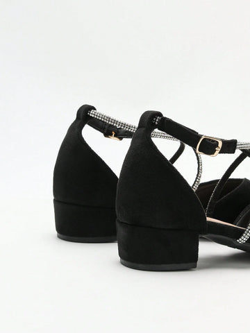 Women's Spring & Autumn New Faux Suede Low Heel Sandals, Fashion Versatile Rhinestone Decor