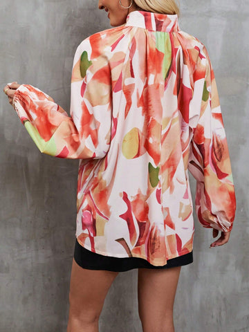 Women's Spring & Summer Stand Collar Tie Dyeing Casual Shirt With Lantern Sleeves