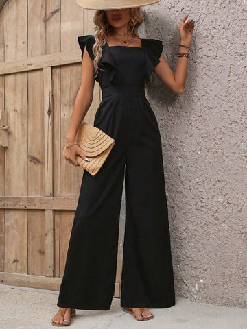 Women's Square Collar Ruffle Trim Decoration Jumpsuits