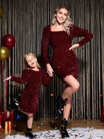 Women's Square Collar Velvet Spliced Pearl Gigot Sleeve Fitted Mini Dress, Burgundy Turtleneck, Suitable For Occasions, Christmas Party Fashion For Winter