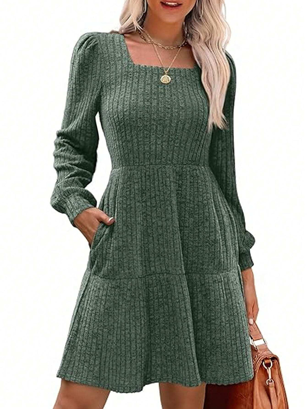 Women's Square Neck Long Sleeve Autumn Casual Doll Dress, Short Ribbed Textured Dress With Pockets