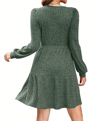 Women's Square Neck Long Sleeve Autumn Casual Doll Dress, Short Ribbed Textured Dress With Pockets