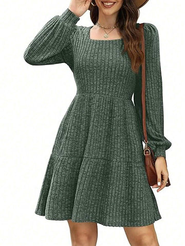 Women's Square Neck Long Sleeve Autumn Casual Doll Dress, Short Ribbed Textured Dress With Pockets