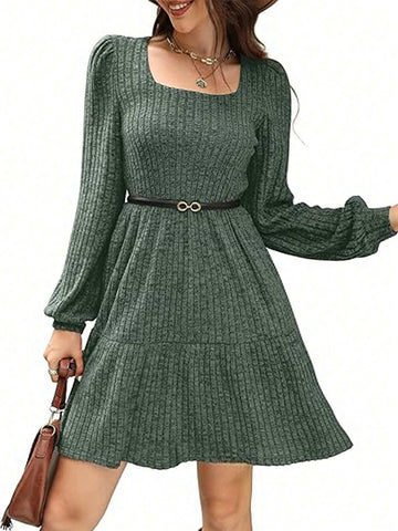 Women's Square Neck Long Sleeve Autumn Casual Doll Dress, Short Ribbed Textured Dress With Pockets