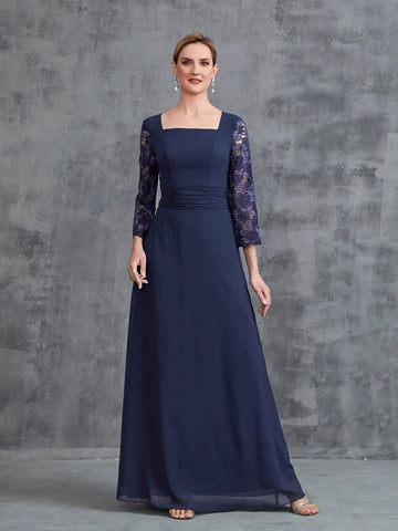 Women's Square Neck Long Sleeve Lace Eider Dress