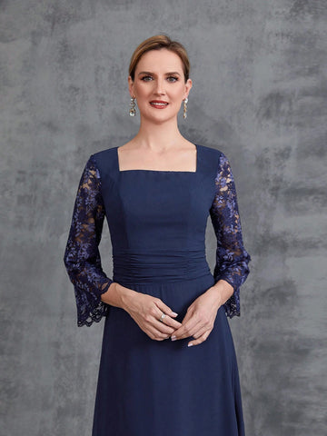 Women's Square Neck Long Sleeve Lace Eider Dress