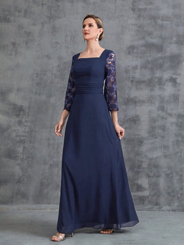 Women's Square Neck Long Sleeve Lace Eider Dress