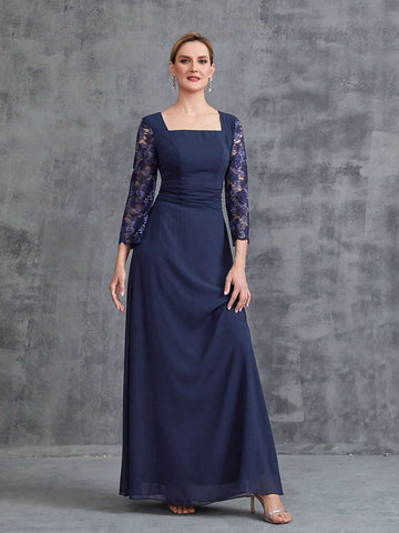 Women's Square Neck Long Sleeve Lace Eider Dress