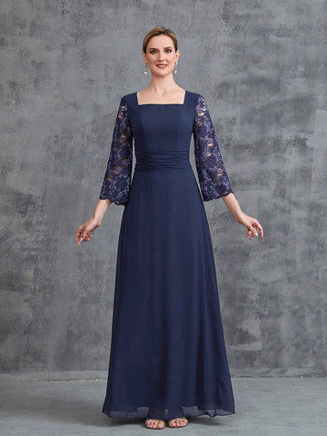 Women's Square Neck Long Sleeve Lace Eider Dress