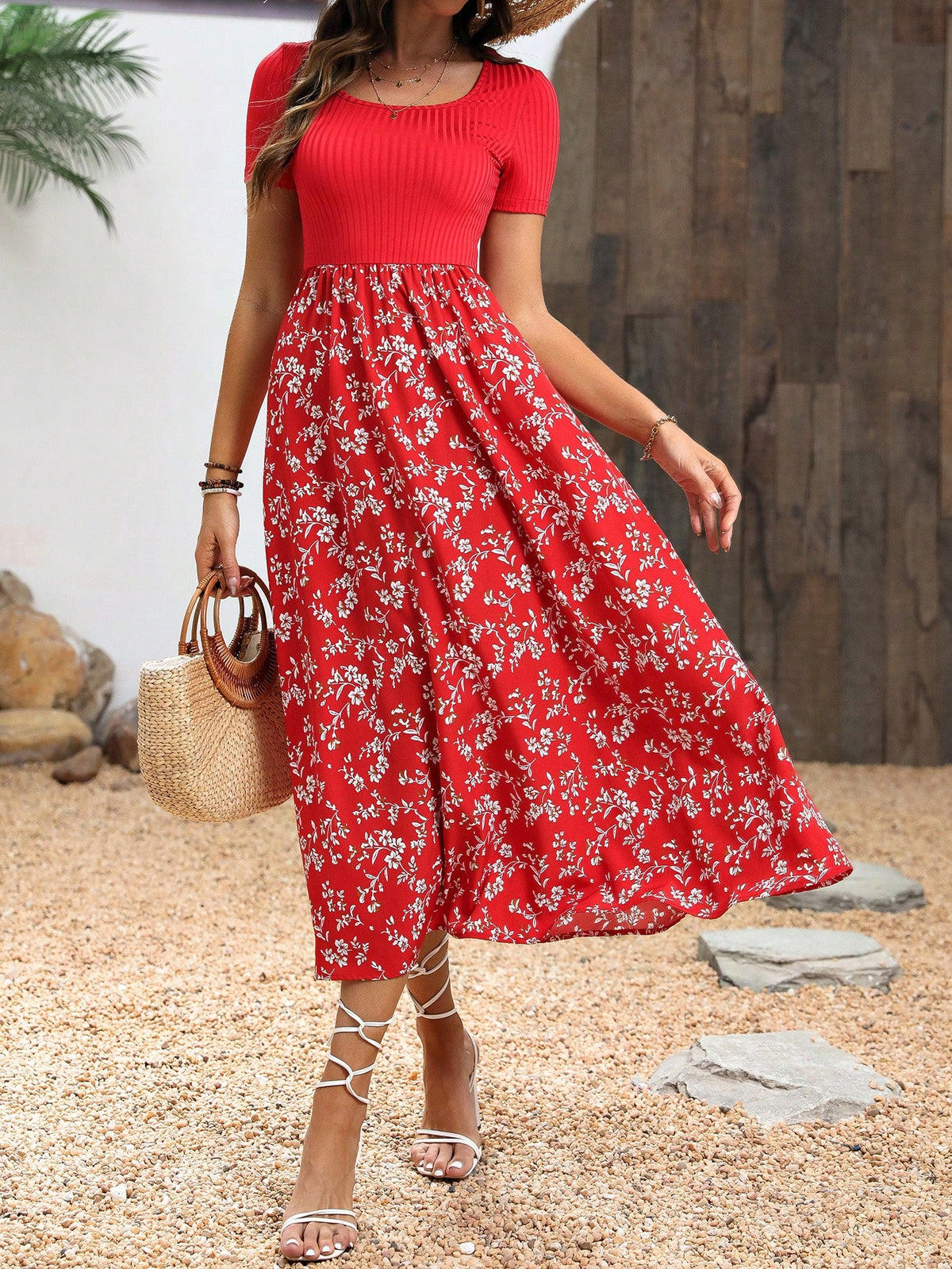 Women's Square Neck Short Sleeve Floral Printed Dress