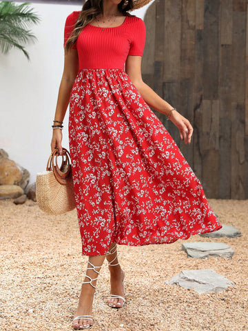 Women's Square Neck Short Sleeve Floral Printed Dress