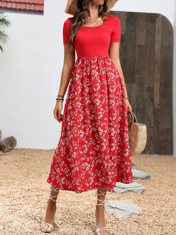 Women's Square Neck Short Sleeve Floral Printed Dress