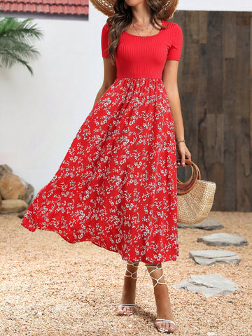 Women's Square Neck Short Sleeve Floral Printed Dress