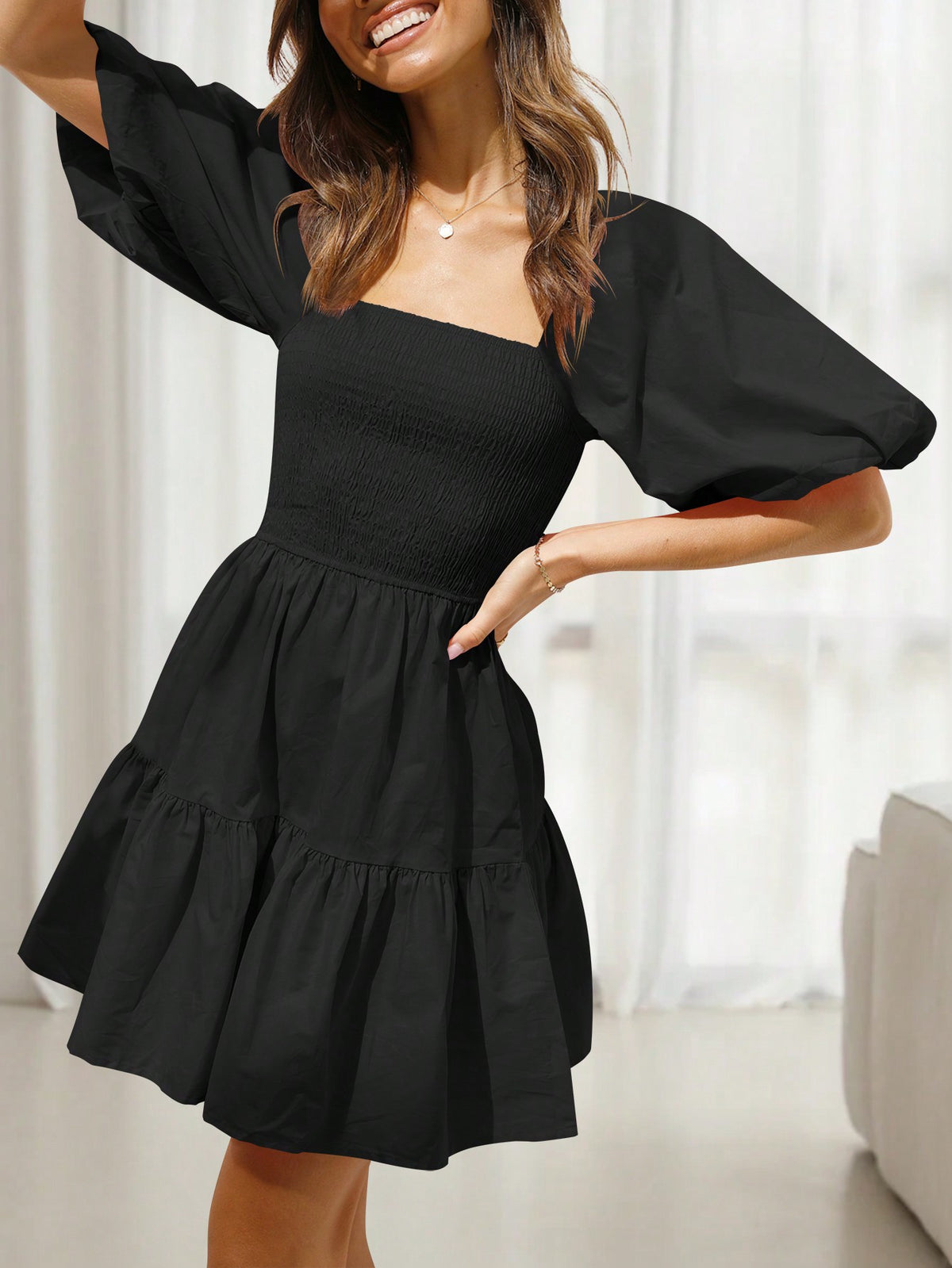 Women's Square Neckline Short Puff Sleeve Shirred Dress