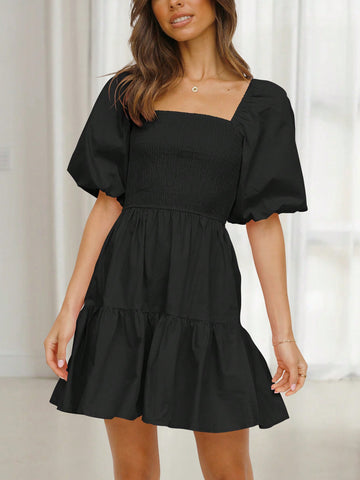 Women's Square Neckline Short Puff Sleeve Shirred Dress