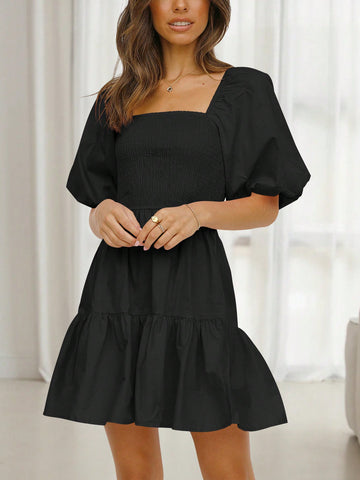 Women's Square Neckline Short Puff Sleeve Shirred Dress