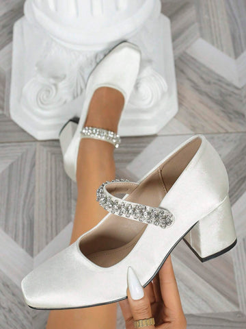 Women's Square Toe Chunky Heeled Fashion Versatile Metal Rhinestone Chain Slip-On