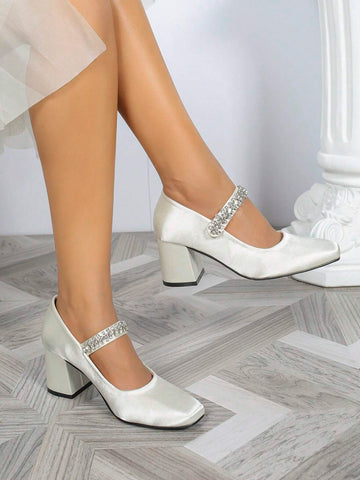 Women's Square Toe Chunky Heeled Fashion Versatile Metal Rhinestone Chain Slip-On