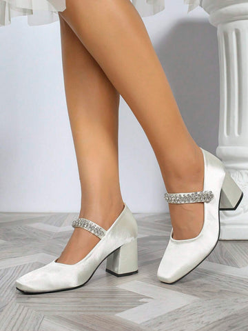 Women's Square Toe Chunky Heeled Fashion Versatile Metal Rhinestone Chain Slip-On